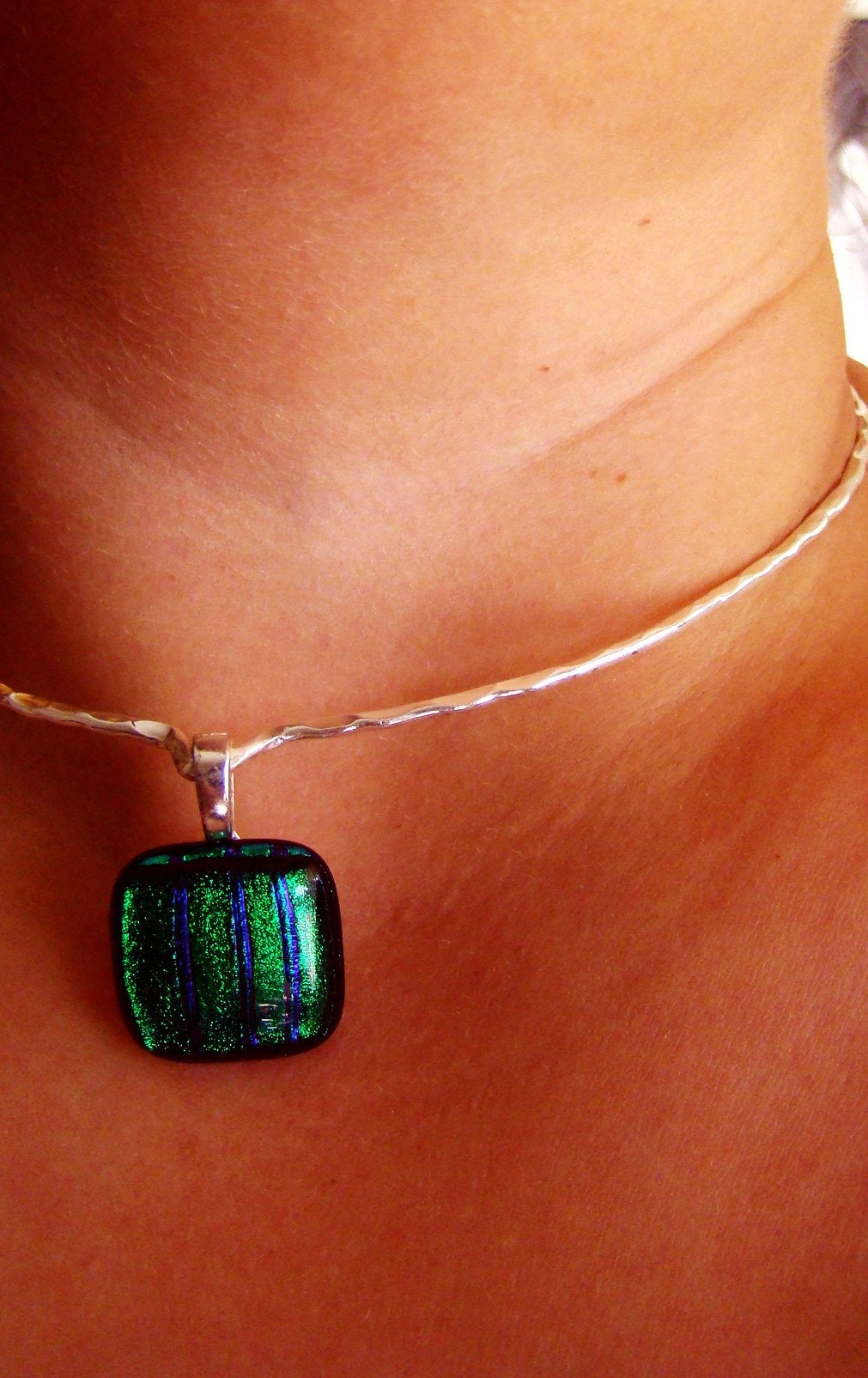 Dichroic Glass Pendant on Hand-Hammered Choker Necklace