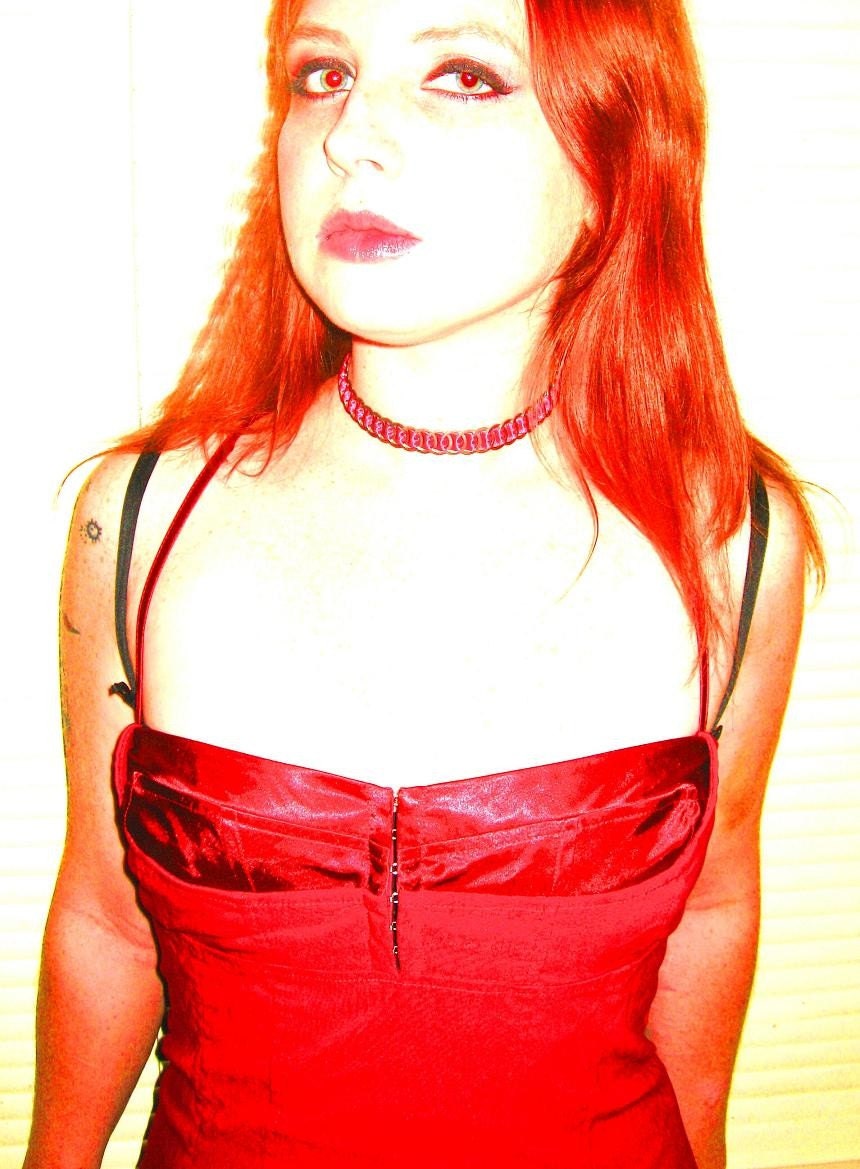 steel rings and red ribbon choker necklace OOAK
