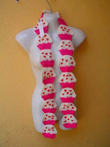 Crochet Scarf Cupcake with hearts...free shipping