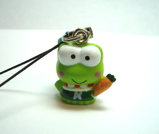 Hello Kitty Keroppi Frog Cell Phone Charm - Black Strap with Green Bell 