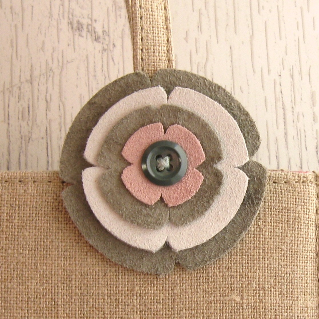 Spring Flower Handmade Leather Brooch in Pink and Grey