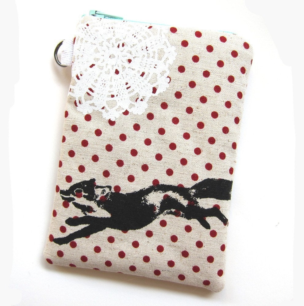 Tall Pouch - Fox and Lace on Dotty Linen
