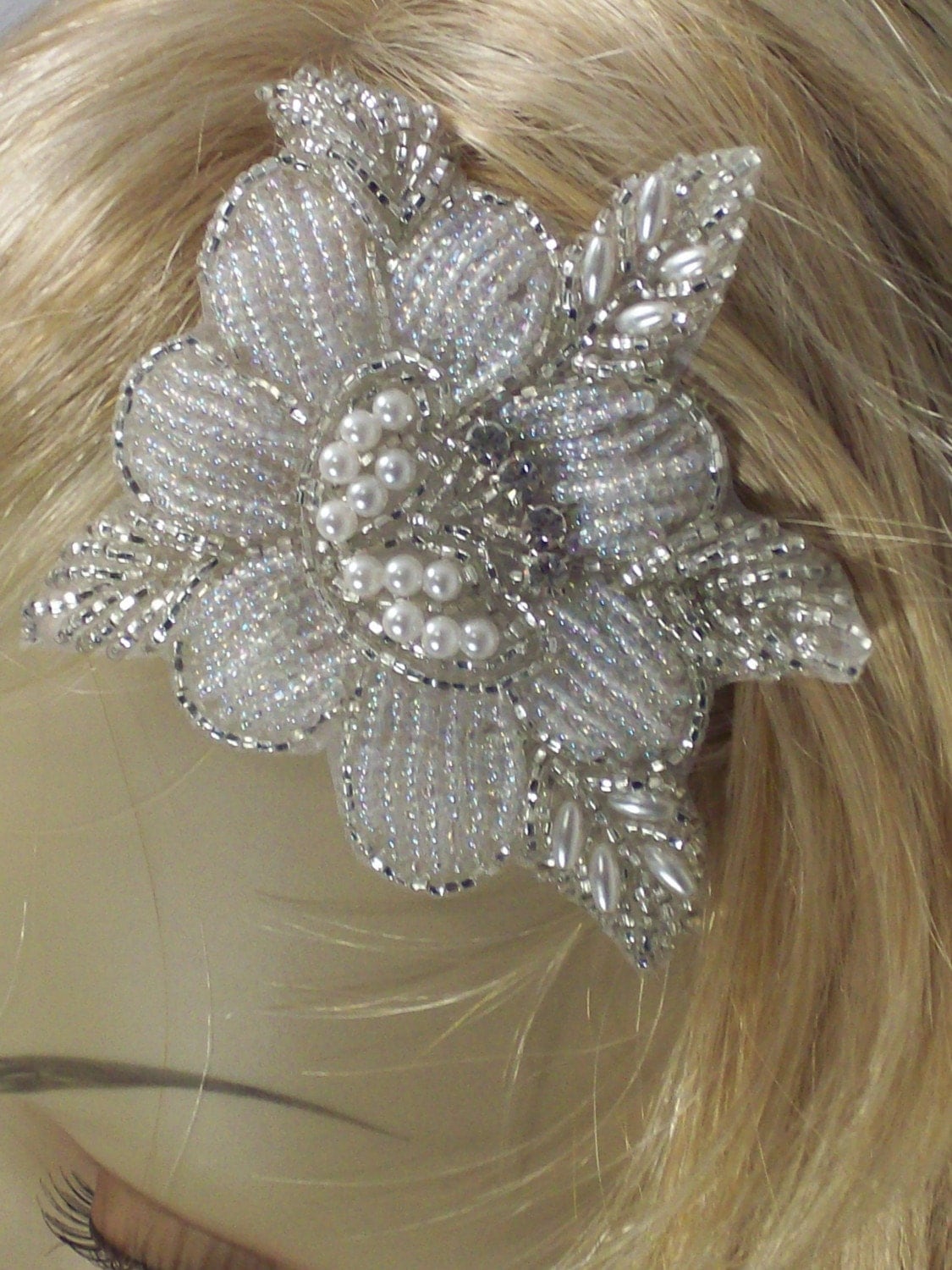 Vintage Silver and White Flower Applique with Swarovski Crystals - On Hair Comb - LAST ONE LADIES
