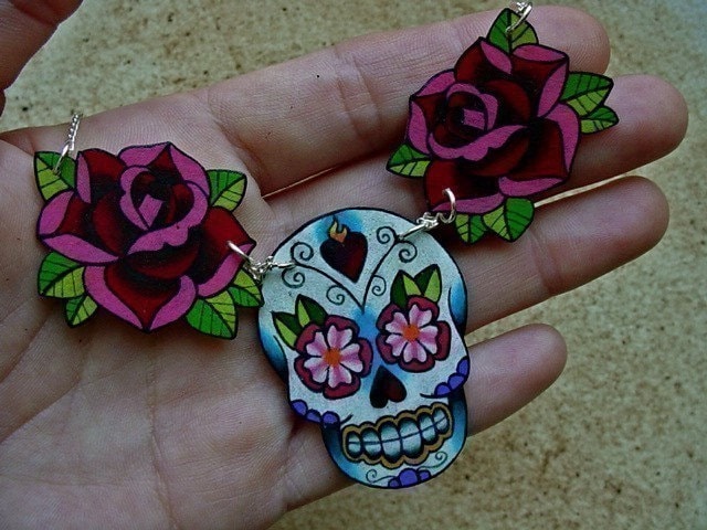 sugar skull and rose tattoo necklace day of the dead (dia de los muertos 