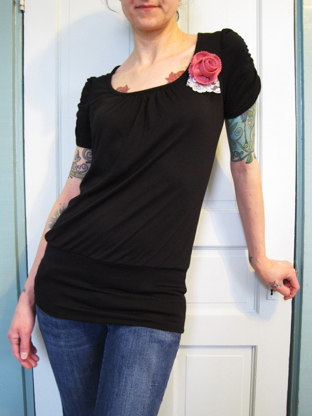 Black Ruched Tunic with Handmade Rosette and Lace Embellishment