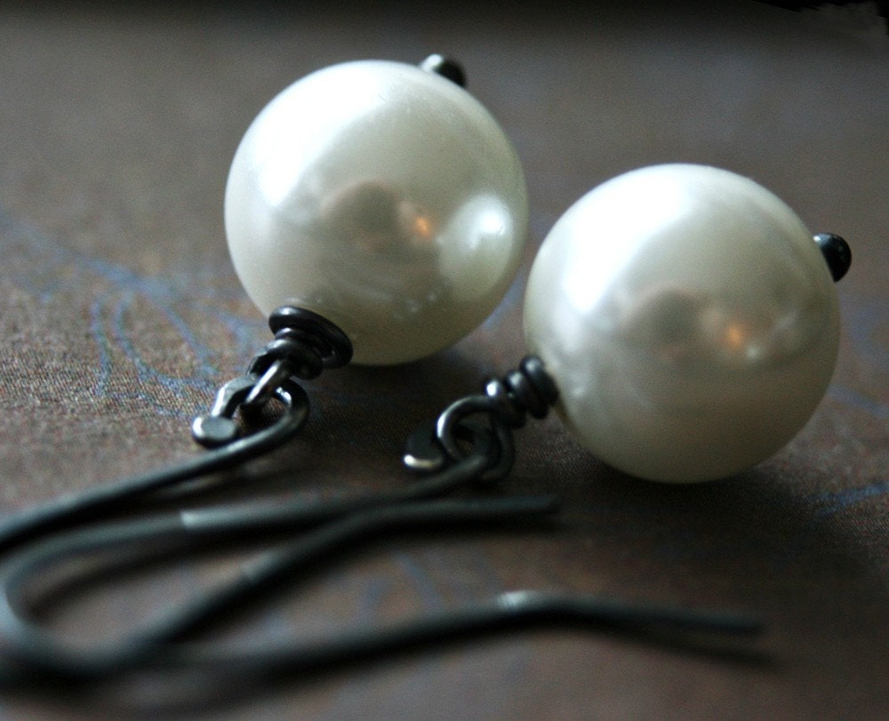 Earrings White Glass Pearls on Oxidized Sterling Silver - Cream