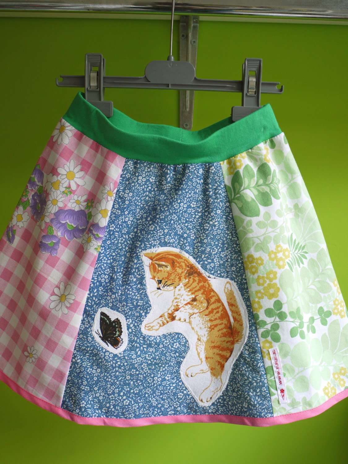 girls kitten skirt from colourful vintage fabrics, size 5-7