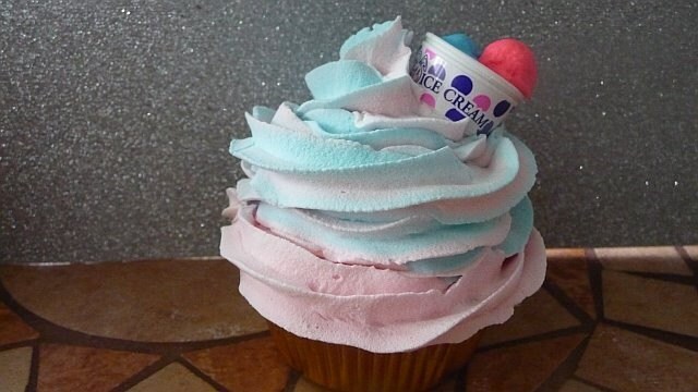 Pink and Baby Blue Sherbet Swirl Ice Cream Fake Faux Cupcake. From frankschick