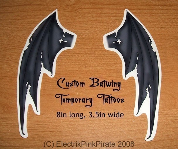 Large Custom Batwing Temporary tattoos set of 4. From ElectrikPinkPirate
