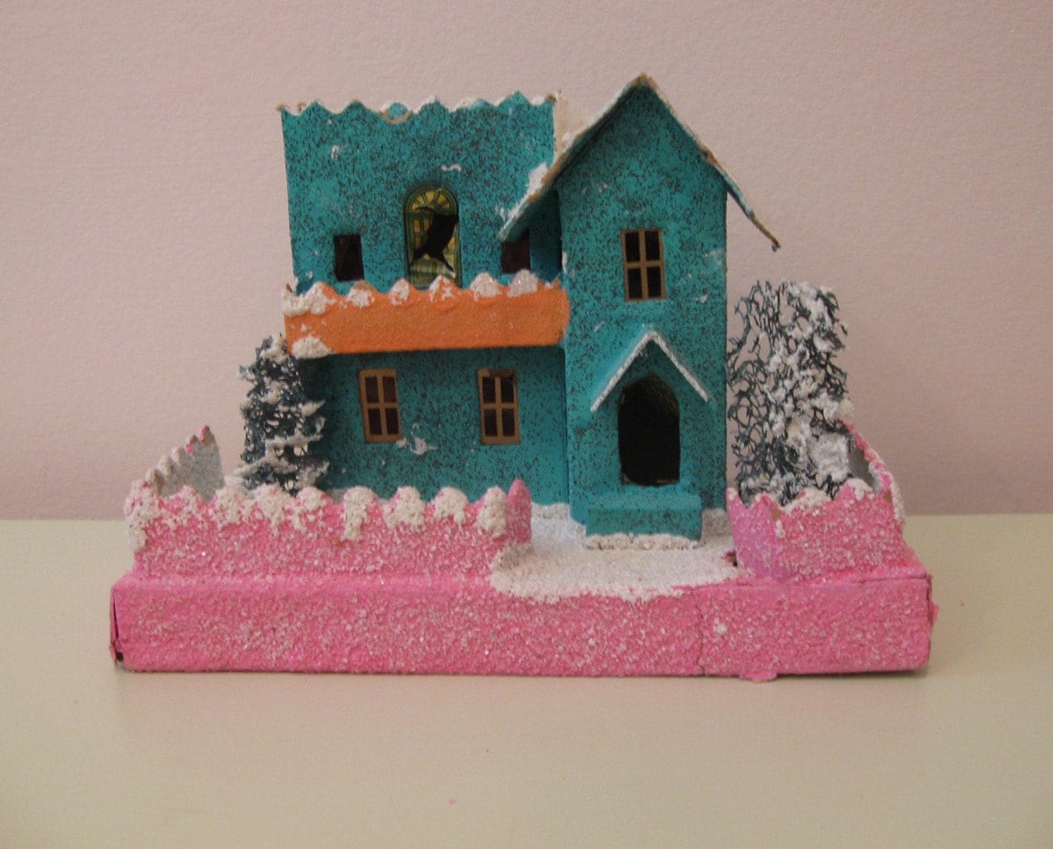 Vintage Large Putz House, Turquoise and Pink, Japan
