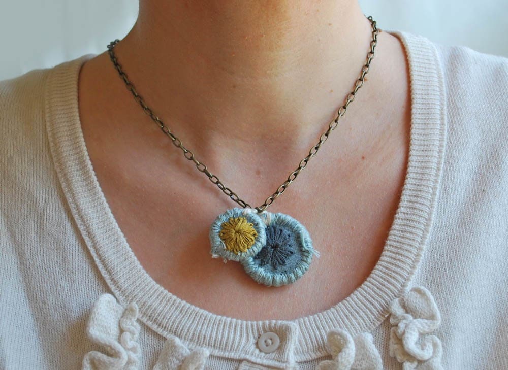 Hand Embroidered Blue Chartreuse Ivory Wool Pendant Necklace