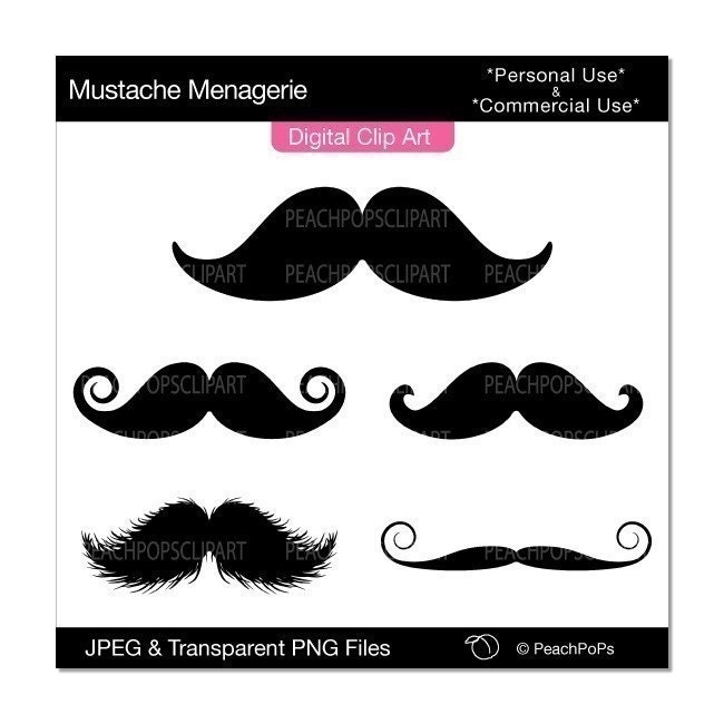 Mustache Menagerie - digital clip art - set of 5 design elements - whimsical 
