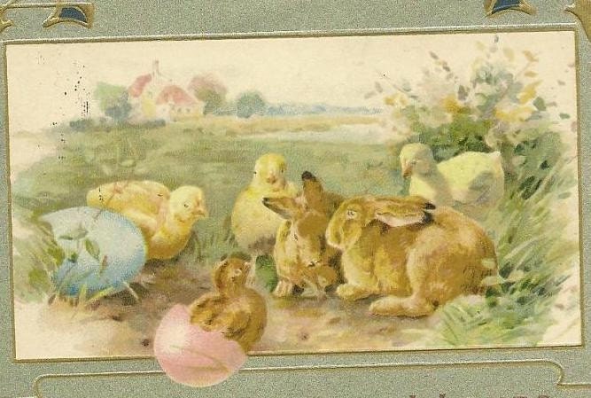 easter bunnies and chicks. 1910 Easter Bunnies and Chicks with Silver Trim - so cute - vintage postcard TREASURY ITEM. From TheOldBarnDoor