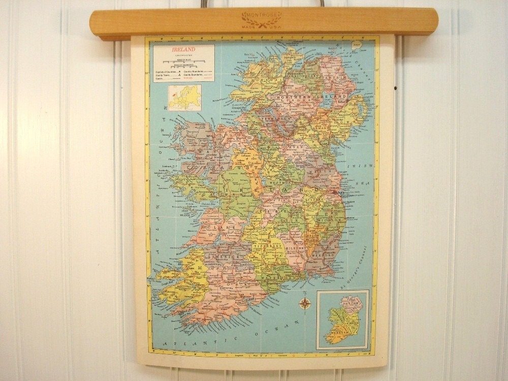 Vintage atlas map of Ireland amp; Scotland, 1957 four-color art. From SunnyDayVintage