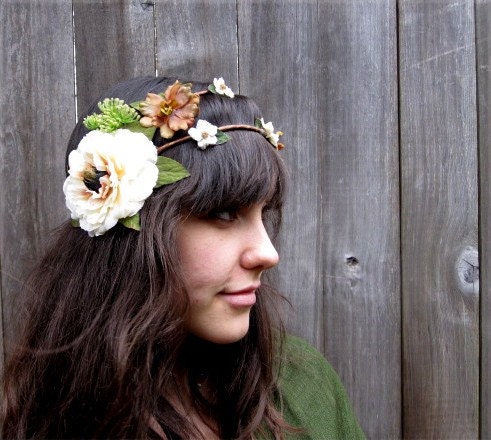 Floral Wreath - Lovely Woodland Whites, Creams & Bronze Hair Wreath, Crown