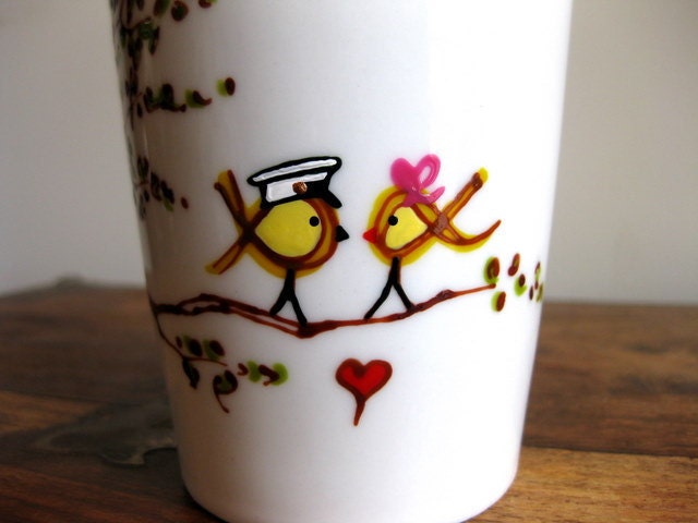 love birds drawing. Marine Yellow Ribbon Love Birds : Storybook Drawing - Porcelain Eco-Friendly