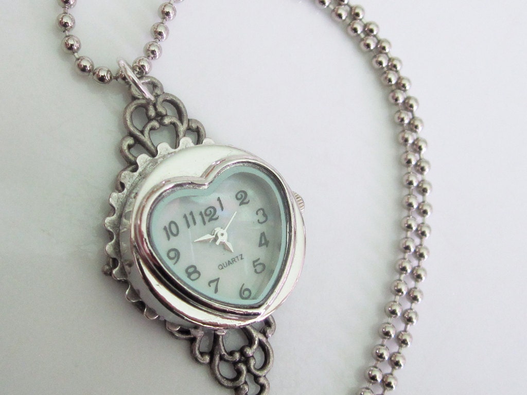 Custom Silver Heart Steampunk Clock Necklace with Decorative Gear