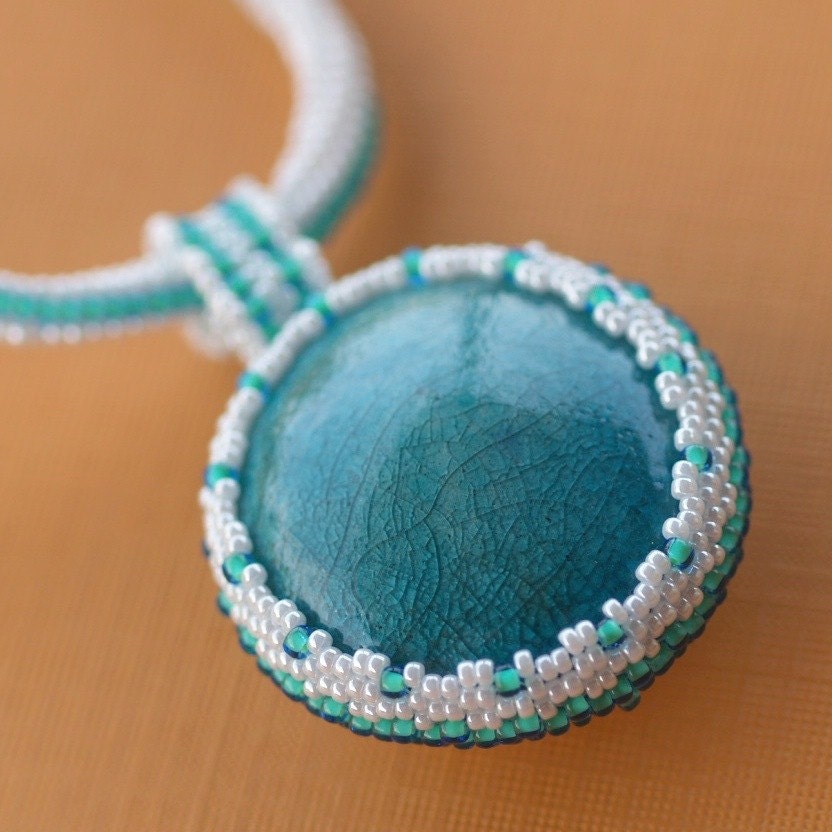 Turquoise with a Twist - Raku Pendant on Herringbone Rope