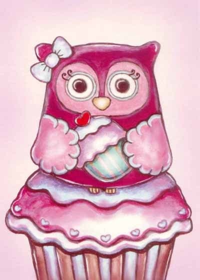 rkdsign88.blogspot.com etsy owl illustration drawing art print cute whimsical reproduction digital animal cupcake