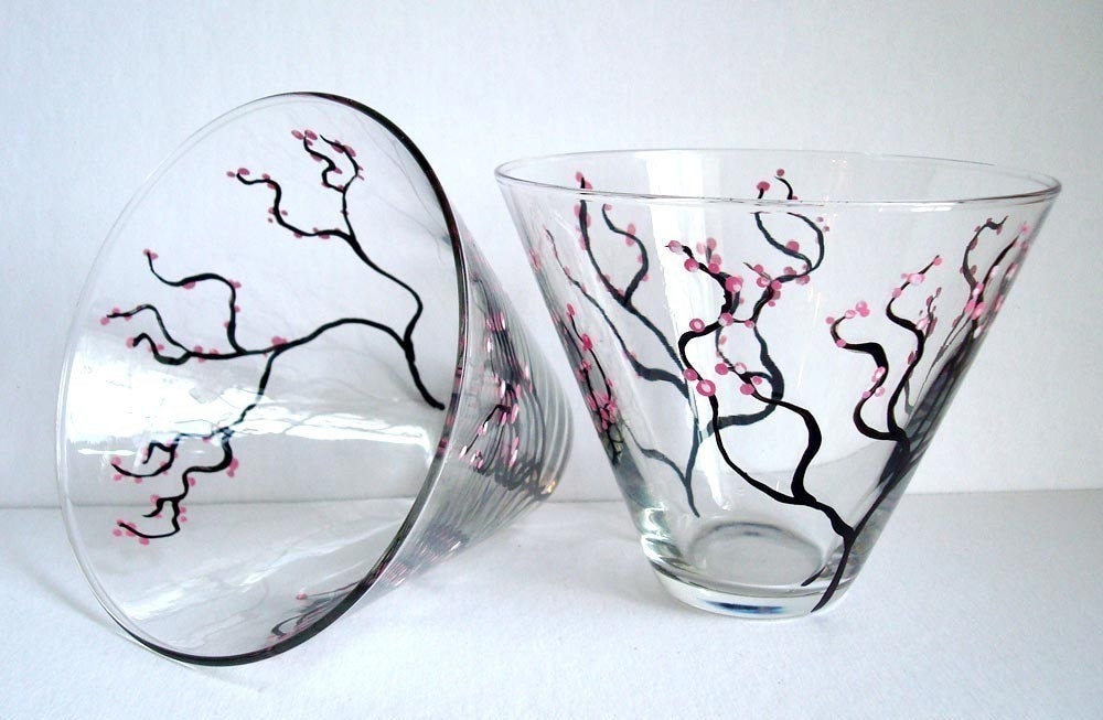 Spring Cherry Blossom Martini Glasses--Set of 2