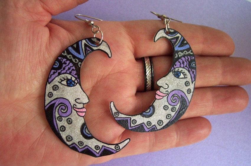 Silver Crescent Moon Hand Painted 