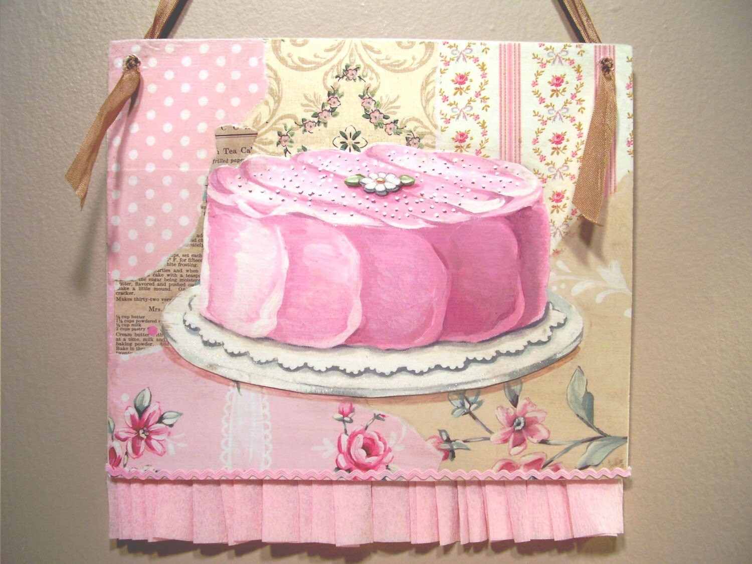 Vintage wallpaper inspired PINK CAKE collage mixed media shabby chic ART 