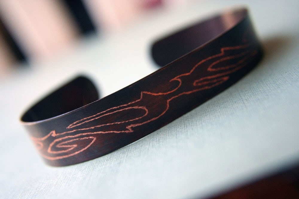 Men's Personalized Copper Bracelet, Tribal Flames Tattoo Designs, Hand 
