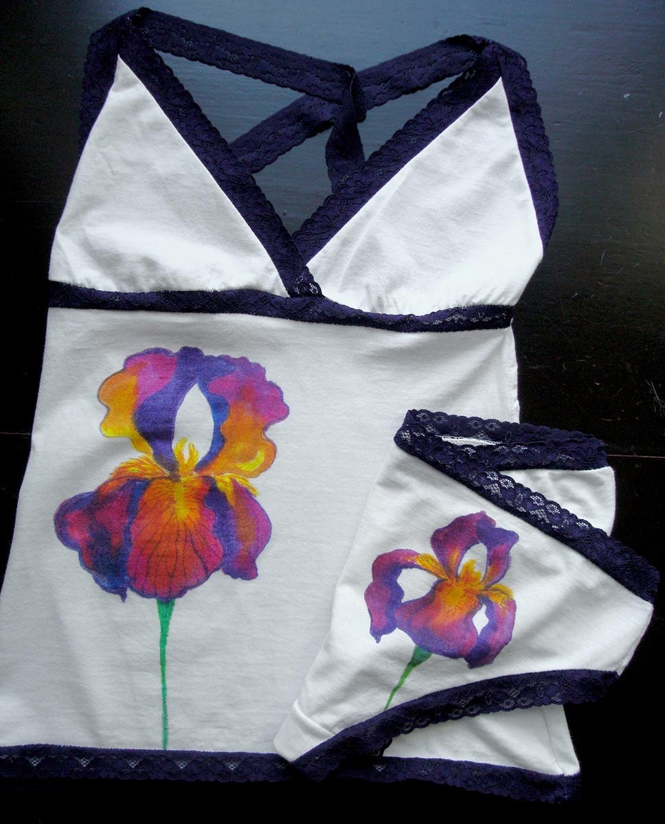 Purple Iris Hand Painted Organic Cotton Camisole and Panty