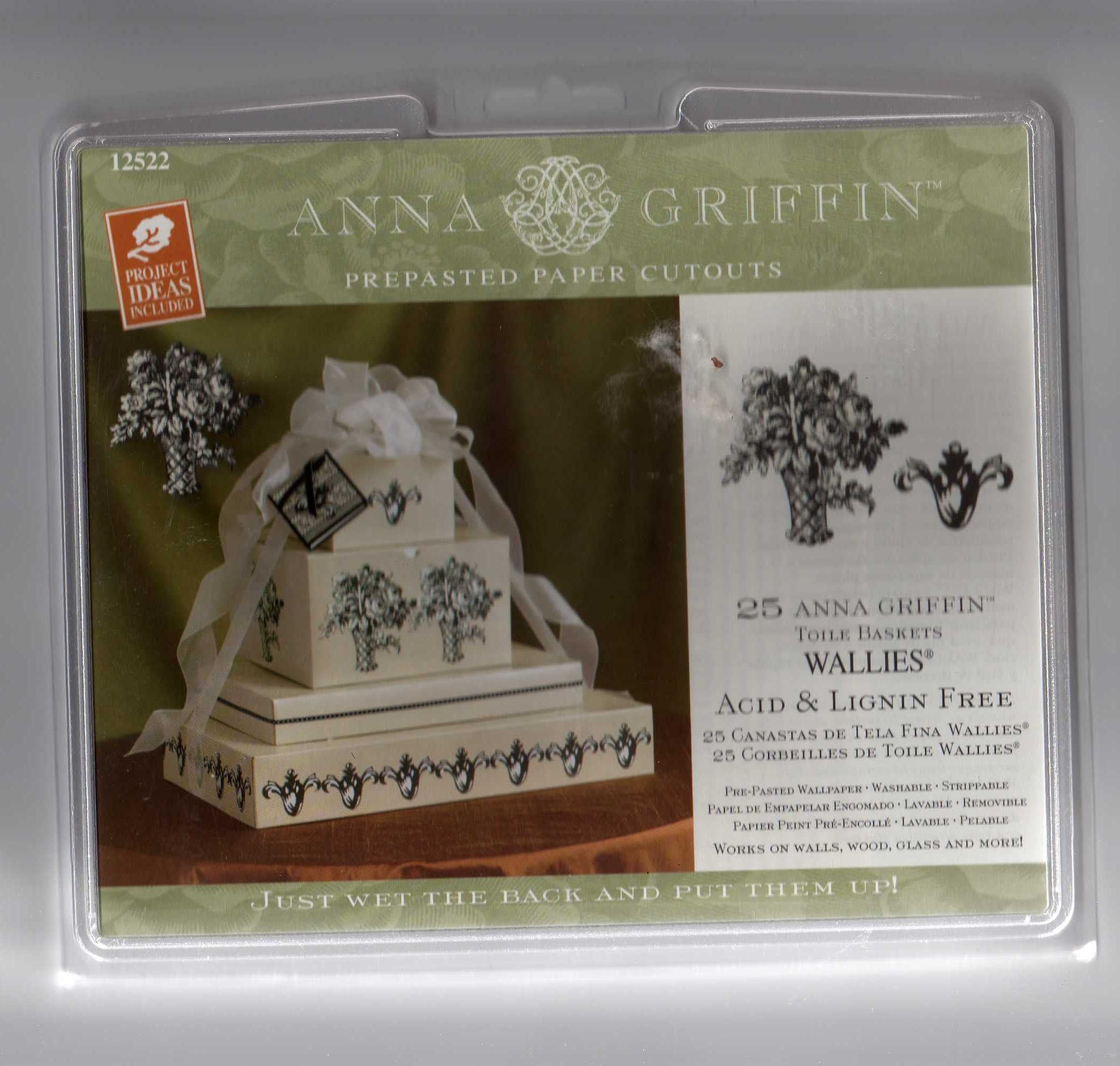 This is a package of Anna Griffins Prepasted Wallpaper Cutouts. This set is Toile Baskets. It looks like there are two different cutouts.