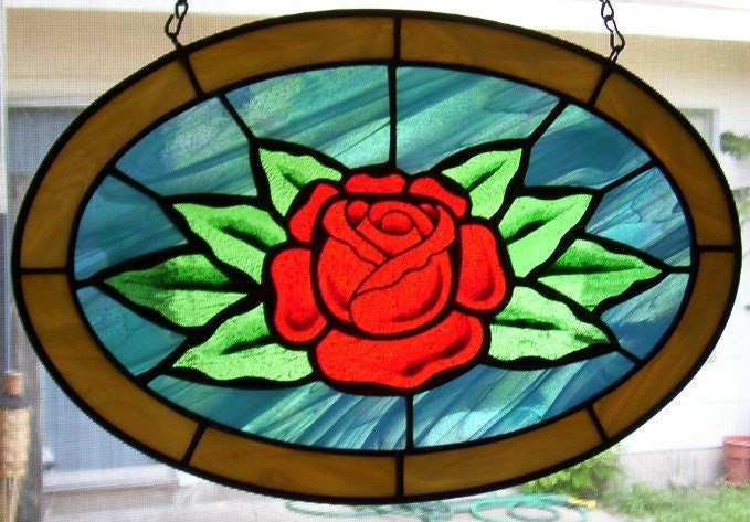 Old School Rose Tattoo Stained Glass Window Panel By Kawaiiquilts