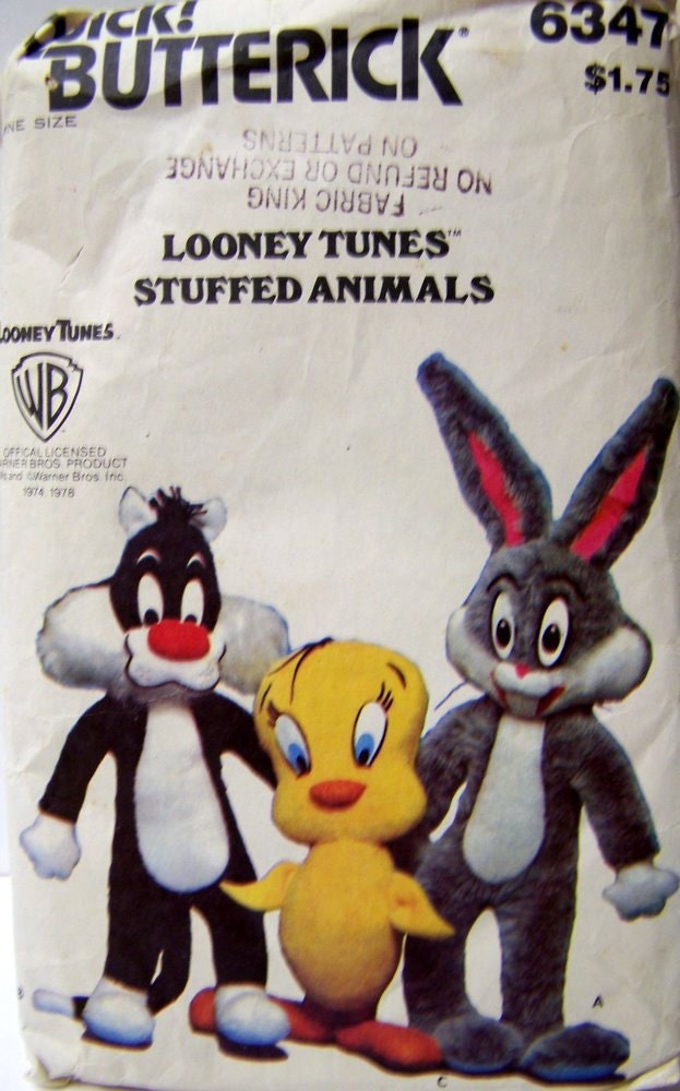 Vintage 1970s Looney Tunes Stuffed Animals Sewing Pattern Butterick 6347 Uncut Complete