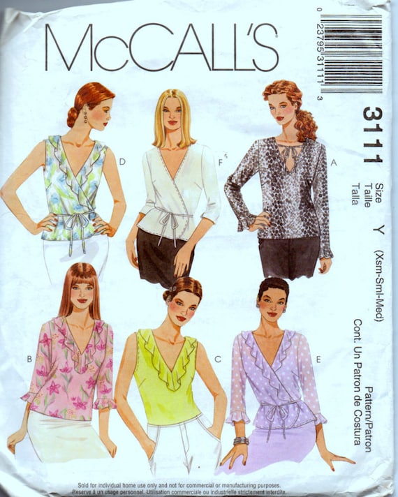 Sewing Pattern McCall's 3111Misses' Wrap Ruffled Tops Size Xsm - Med Uncut Complete