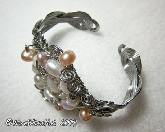 Wire wrapped braided bracelet with pearl