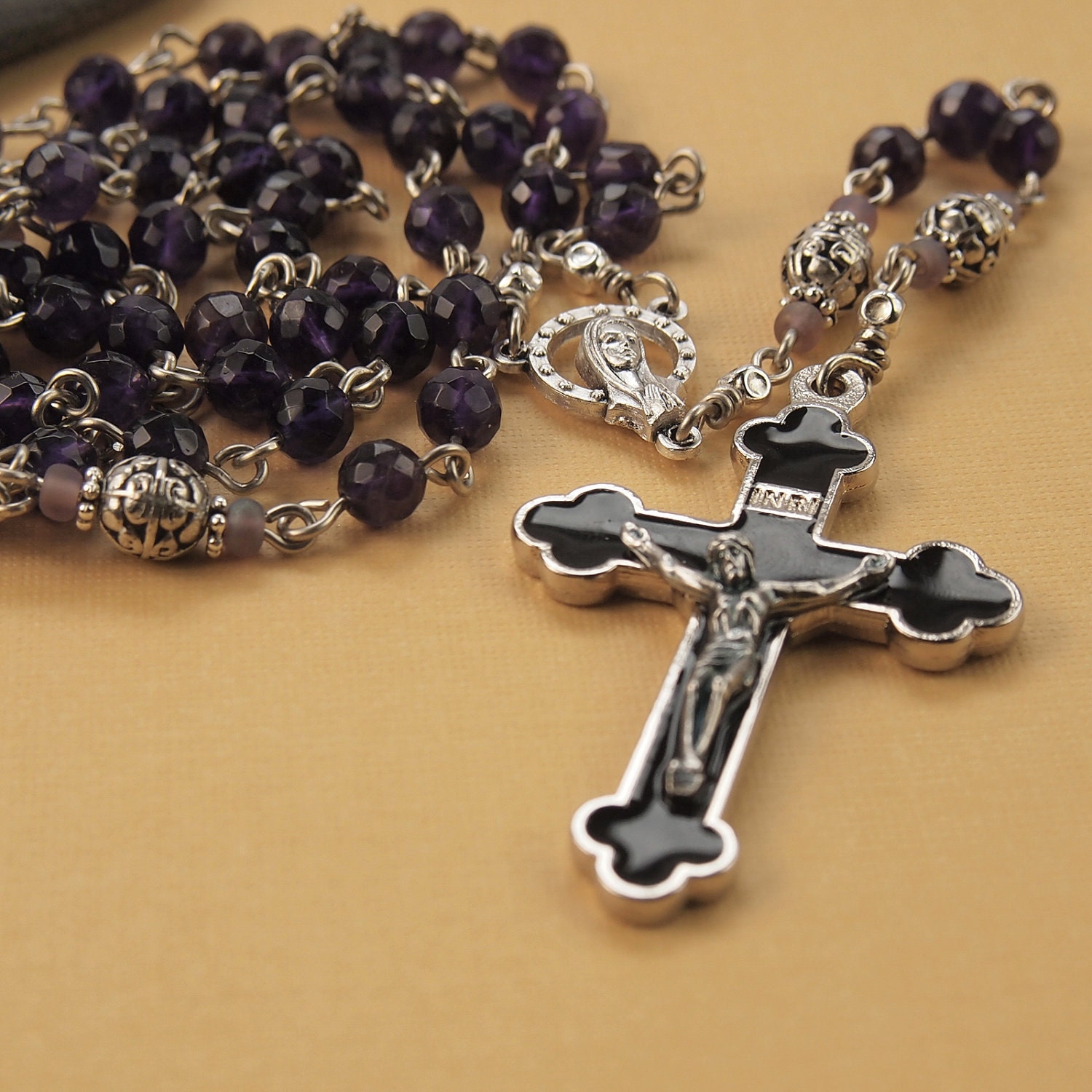 Amethyst Rosary with Black Enamel Inlay Crucifix