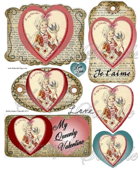 lil Marie Antoinette Valentine Collage Sheet altered girl scrapbooking label bottle digital TAG uprint primitive paper vintage heart