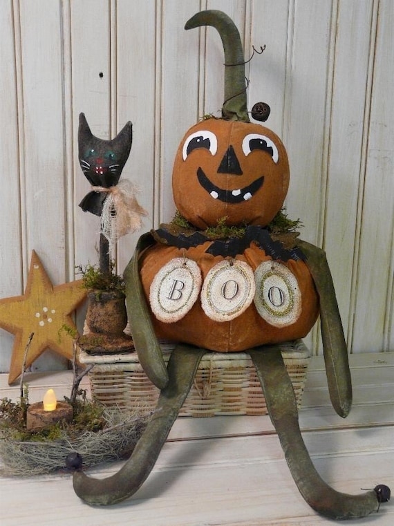 New Boo Pumpkin Man and Cat E Pattern - halloween vintage like black bats doll JOL grubby tea light primitive