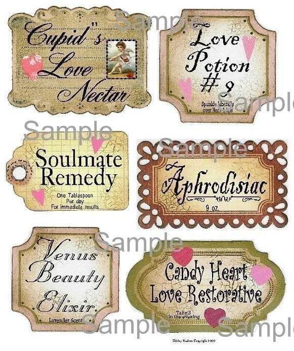 Valentine Label Collage Sheet - altered scrapbooking bottle digital Cupid  Tag uprint primitive paper vintage heart