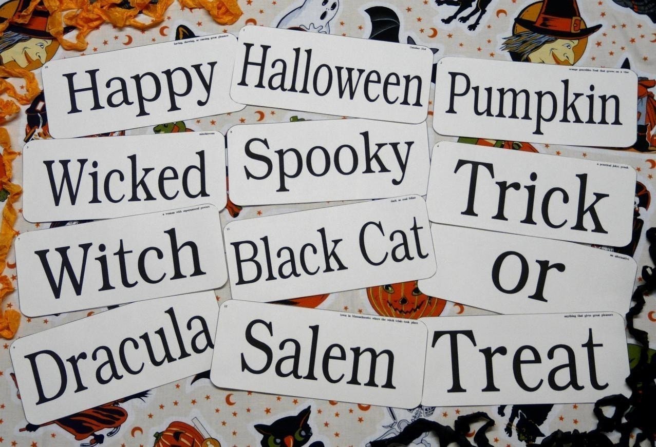 12 Large Halloween Flash Cards - vintage like altered art antique signs words scrapbooking digital uprint witch salem pumpkin primitive