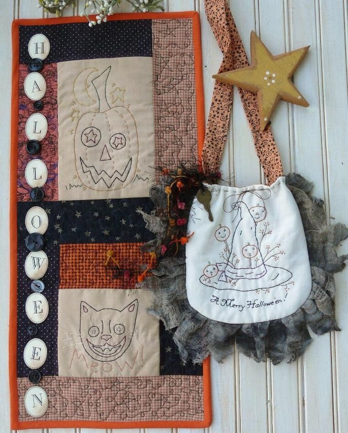 Merry HALLOWEEN purse and wallhanging E PATTERN - primitive vintage tag embroidery witch stitchery pumpkin black cat quilt