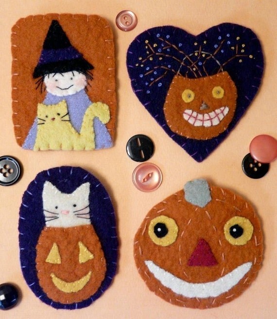 Spooky Halloween WOOL PINs E PATTERN primitive felt WITCH cat pumpkin man pin brooch vintage look jewelry