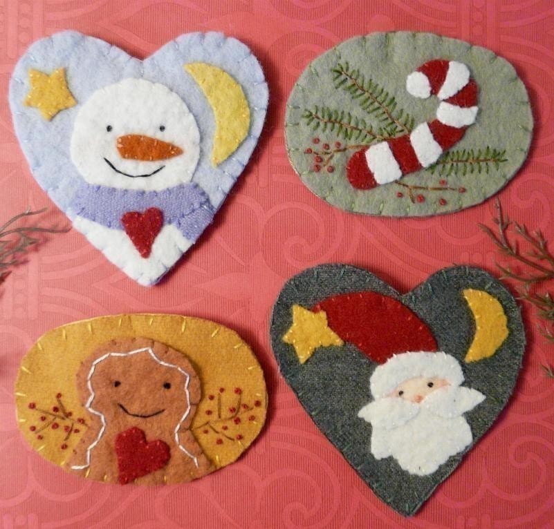 Christmas wintertime Wool Pins E PATTERN snowman santa PDF gingerbread man brooch jewelry candy cane pin primitive
