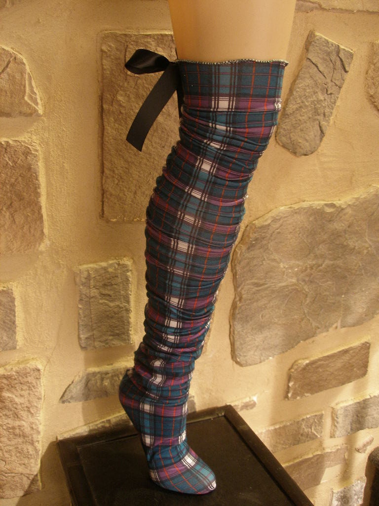 Womens, Girls, Long Cute Plaid Stocking Socks, Thigh Highs, Leg Warmers, with Removeable Bow