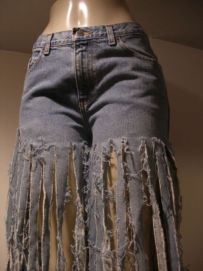 Fun, Bold, and Wild Stringed Out Vintage Denim Jeans I Can Also Customize Your Favorite Jeans Like This