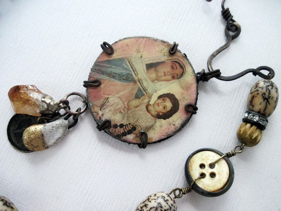 Earth Mother. Rustic Gypsy Victorian Tribal Virgin Mary Necklace.