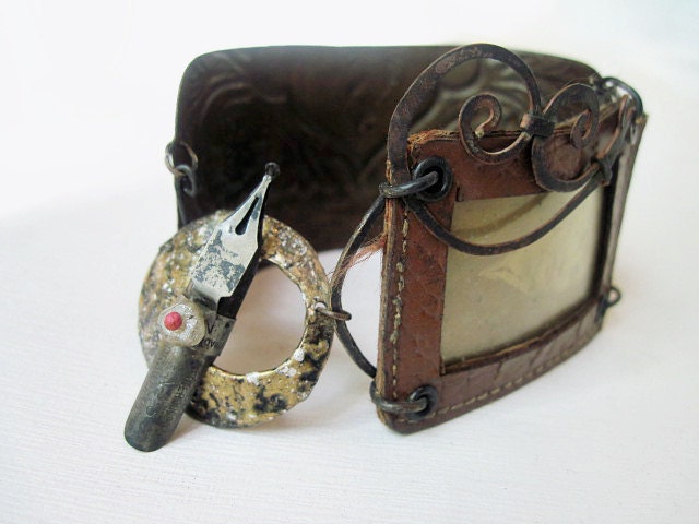 Anastasia. Rustic Gypsy Victorian Tribal Leather Frame Cuff with Tin.
