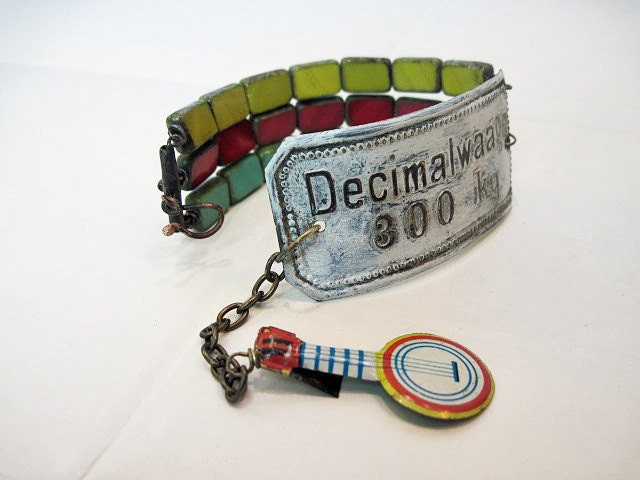 A Happy Song. Victorian Gypsy Rustic Tin Cuff with Tablet Window Colorful Czech Beads..