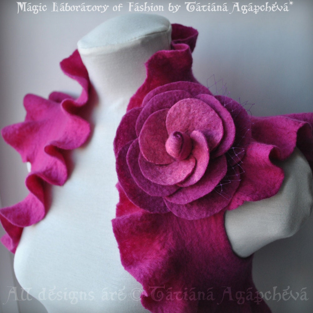  Bolero, Shrug, Jacket, Felted, Bridal, Huge Rose Corsage US Size 6, 2012 Design FUCHSIA ROSE