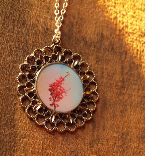 Single Flowering Branch antique photographic pendant necklace