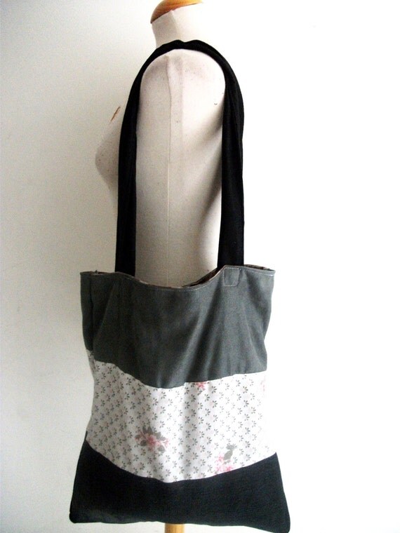 Grey Pink and Black Suedette Patchwork Tote