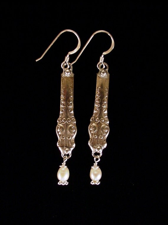 Silver Spoon jewelry Earrings with pearls ornate vintage flatware ooak